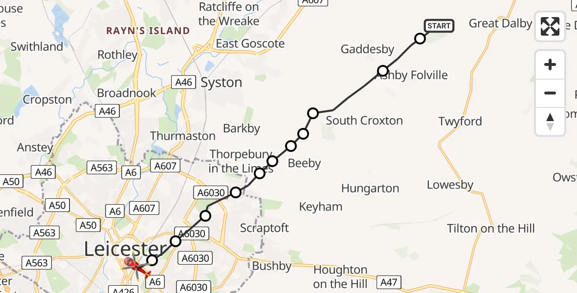 Routekaart van de vlucht: Air Ambulance Helicopter to Highfields, New Walk