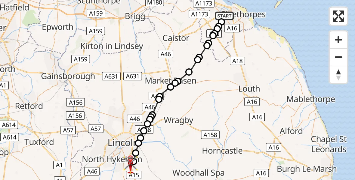 Flight route Air Ambulance Helicopter Grimsby - North Kesteven, 04 April 2026, 14:59
