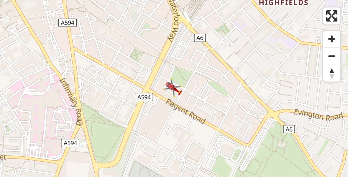 Routekaart van de vlucht: Air Ambulance Helicopter to Highfields, Princess Road East