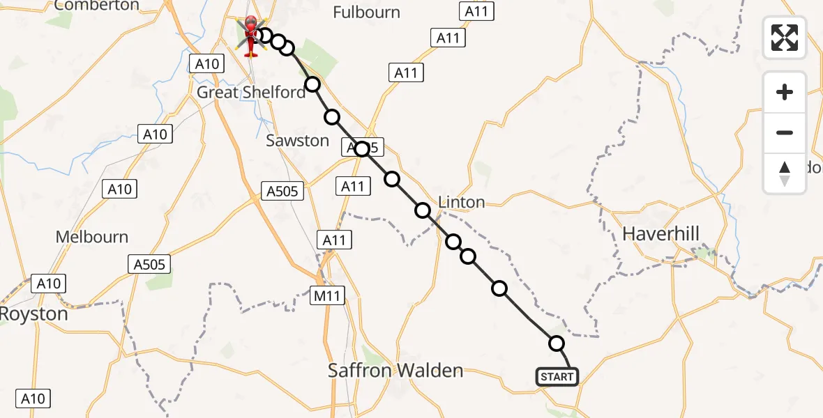 Routekaart van de vlucht: Air Ambulance Helicopter to Papworth Hospital