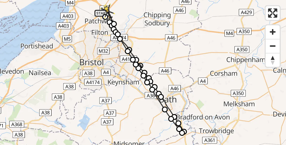 Flight route Police Helicopter Almondsbury Helicopter Base - Woodlands, 04 April 2026, 15:14