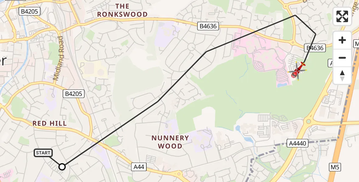 Flight path map showing Air Ambulance Helicopter route from Worcester to Worcester
