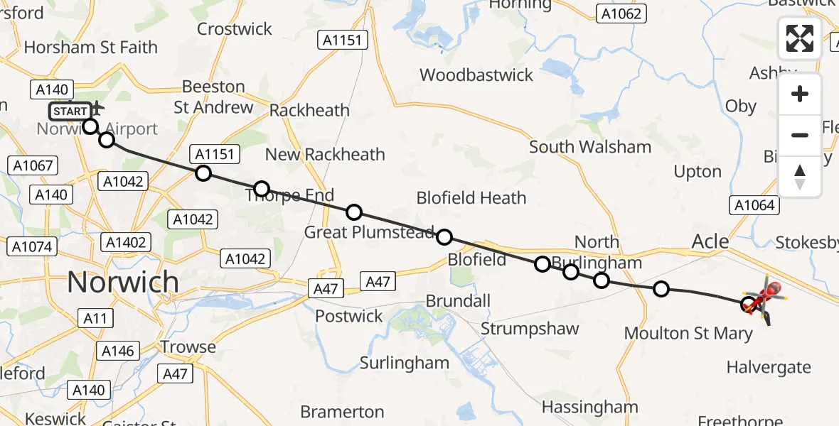 Flight route Air Ambulance Helicopter Norwich Airport - Halvergate, 04 April 2026, 15:21