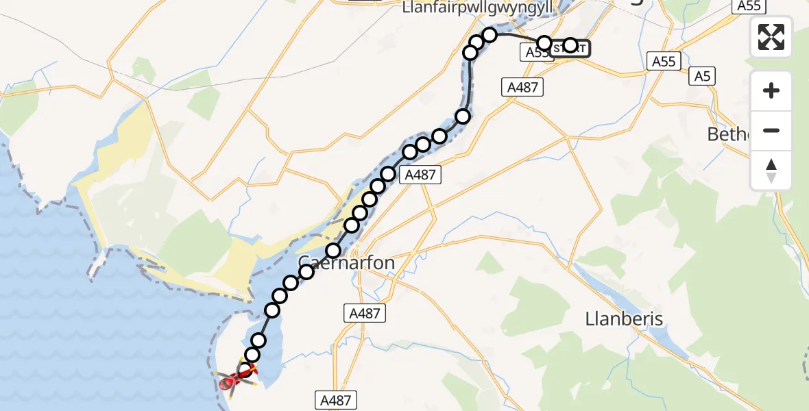 Flight route Air Ambulance Helicopter Ysbyty Gwynedd Hospital Heliport - Caernarfon Airport, 04 April 2026, 15:22