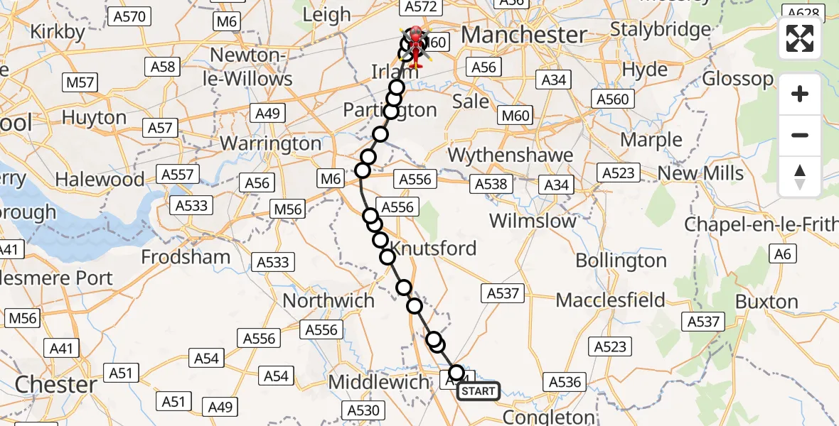 Routekaart van de vlucht: Air Ambulance Helicopter to Irlam, Manchester Barton Aerodrome