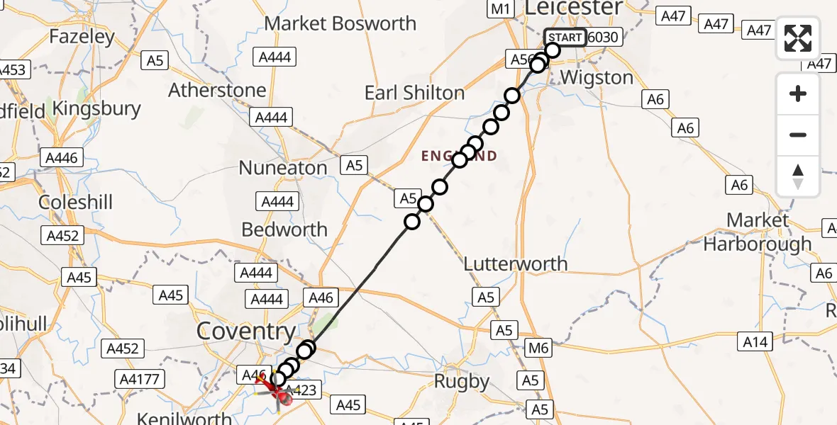 Routekaart van de vlucht: Air Ambulance Helicopter to Warwick, Firefly Road