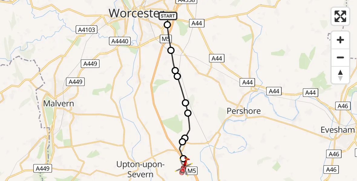 Routekaart van de vlucht: Air Ambulance Helicopter to Hill Croome, M5