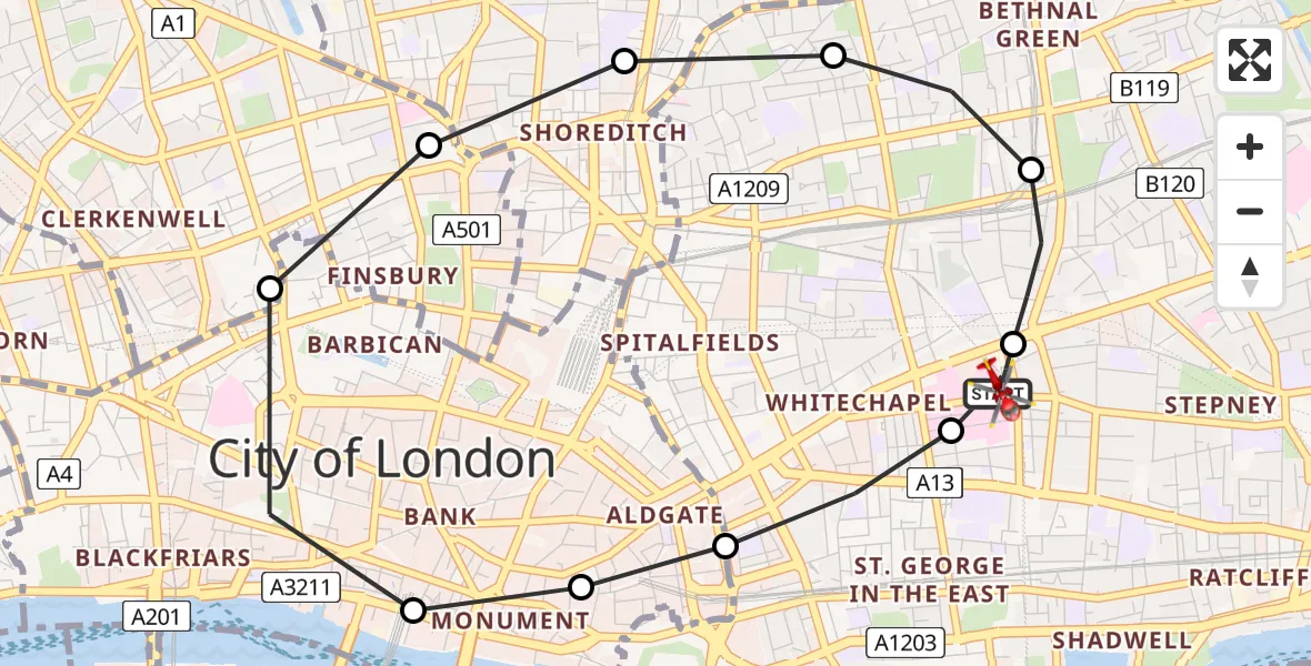 Flight route Air Ambulance Helicopter Royal London Hospital - Royal London Hospital, 04 April 2026, 16:05