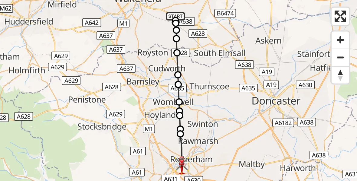 Routekaart van de vlucht: Air Ambulance Helicopter to Rotherham, Magna Way