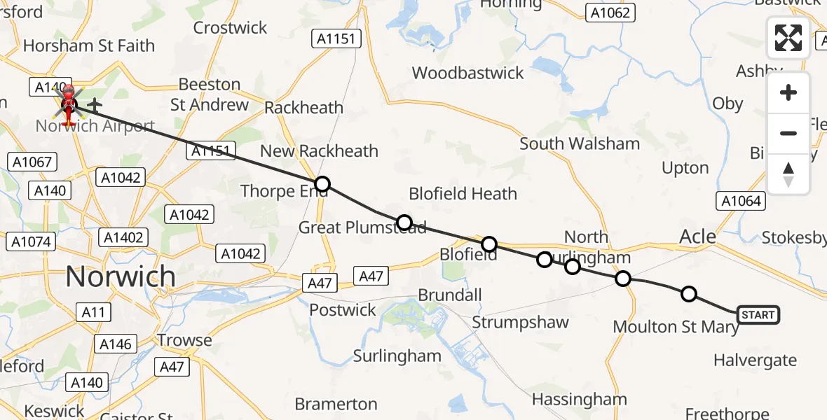 Flight path map showing Air Ambulance Helicopter route from Halvergate to Norwich Airport