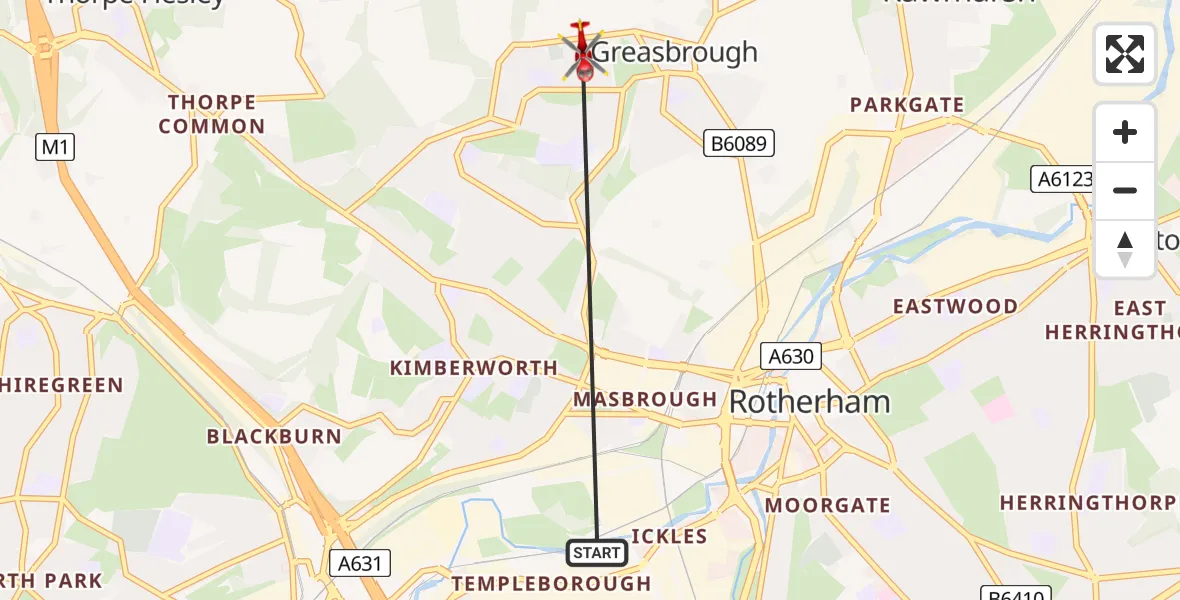 Flight route Air Ambulance Helicopter Rotherham - Rotherham, 04 April 2026, 16:24