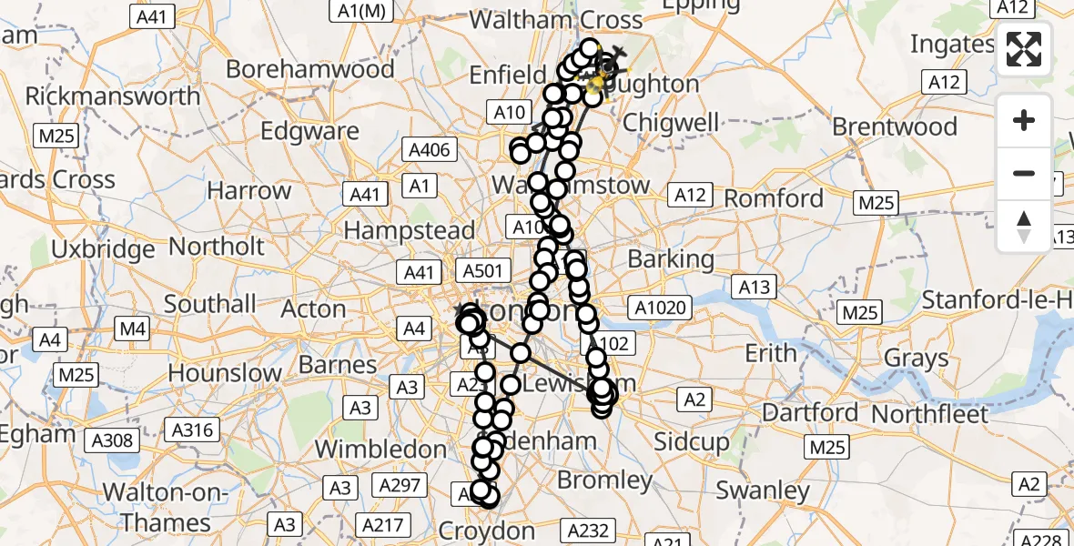 Flight path map showing Police Helicopter route from Sewardstonebury to Metropolitan Police Air Support Unit Lippitts Hill