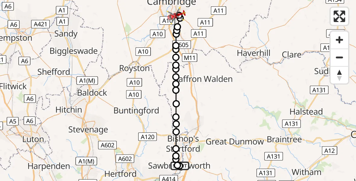 Routekaart van de vlucht: Air Ambulance Helicopter to Addenbrooke's Hospital Helipad