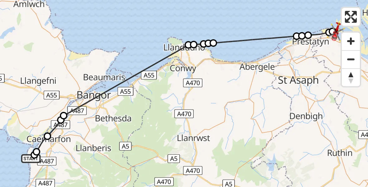Flight route Air Ambulance Helicopter Caernarfon Airport - Talacre, 04 April 2026, 16:45