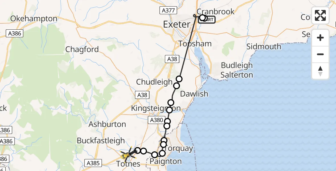 Flight path map showing Police Helicopter route from Exeter International Airport to Littlehempston