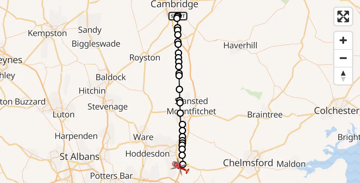 Flight route Air Ambulance Helicopter Papworth Hospital - North Weald Airfield, 04 April 2026, 17:04