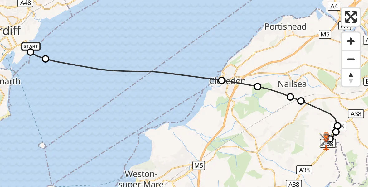 Flight route Coastguard Helicopter Cardiff Heliport - Bristol Airport, 04 April 2026, 17:07