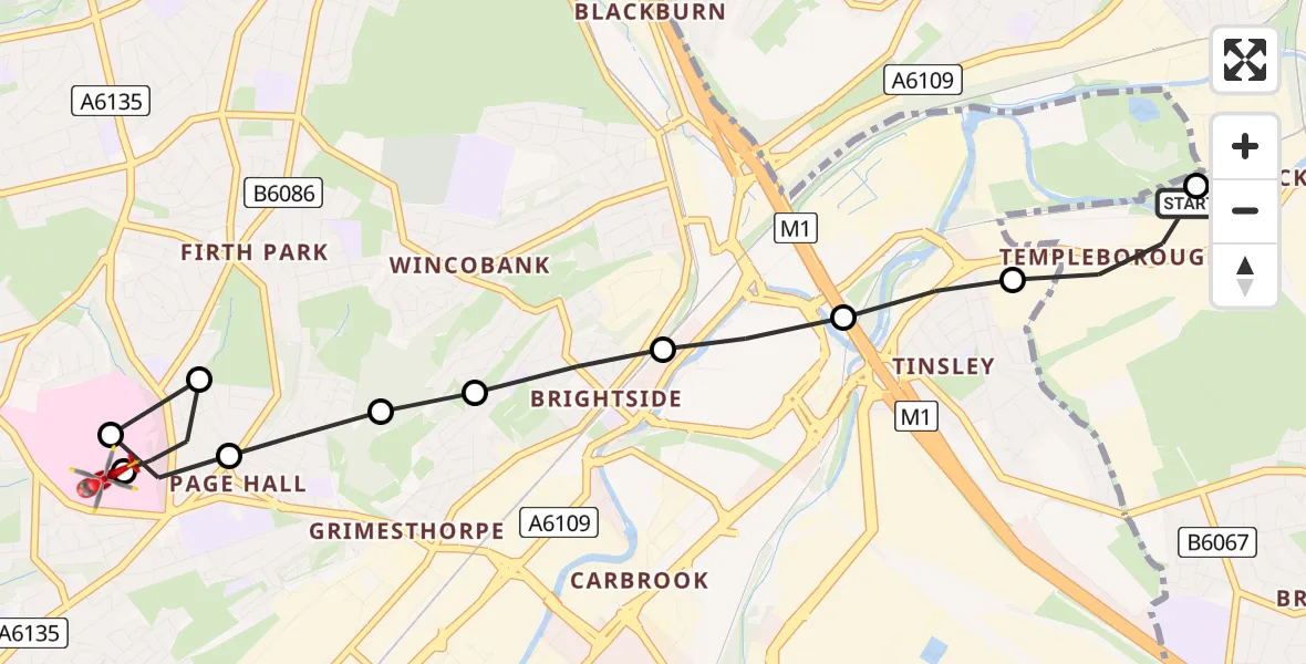 Flight route Air Ambulance Helicopter Rotherham - Sheffield Northern Hospital, 04 April 2026, 17:12