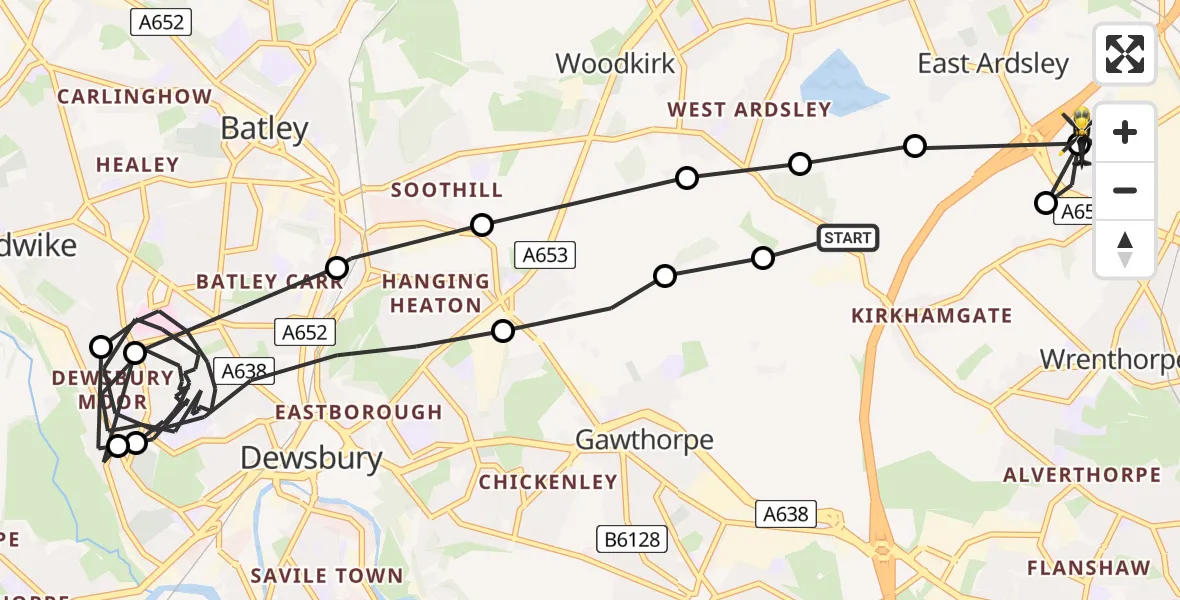 Flight route Police Helicopter Woodkirk - Newton Hill, 04 April 2026, 17:15