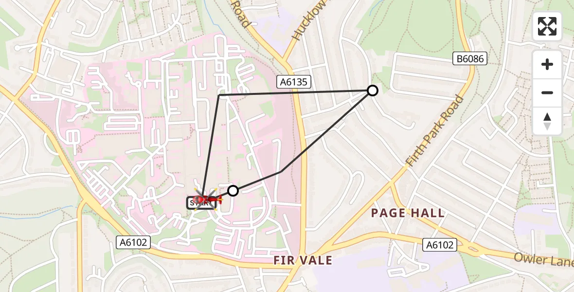 Flight route Air Ambulance Helicopter Sheffield Northern Hospital - Sheffield Northern Hospital, 04 April 2026, 17:18