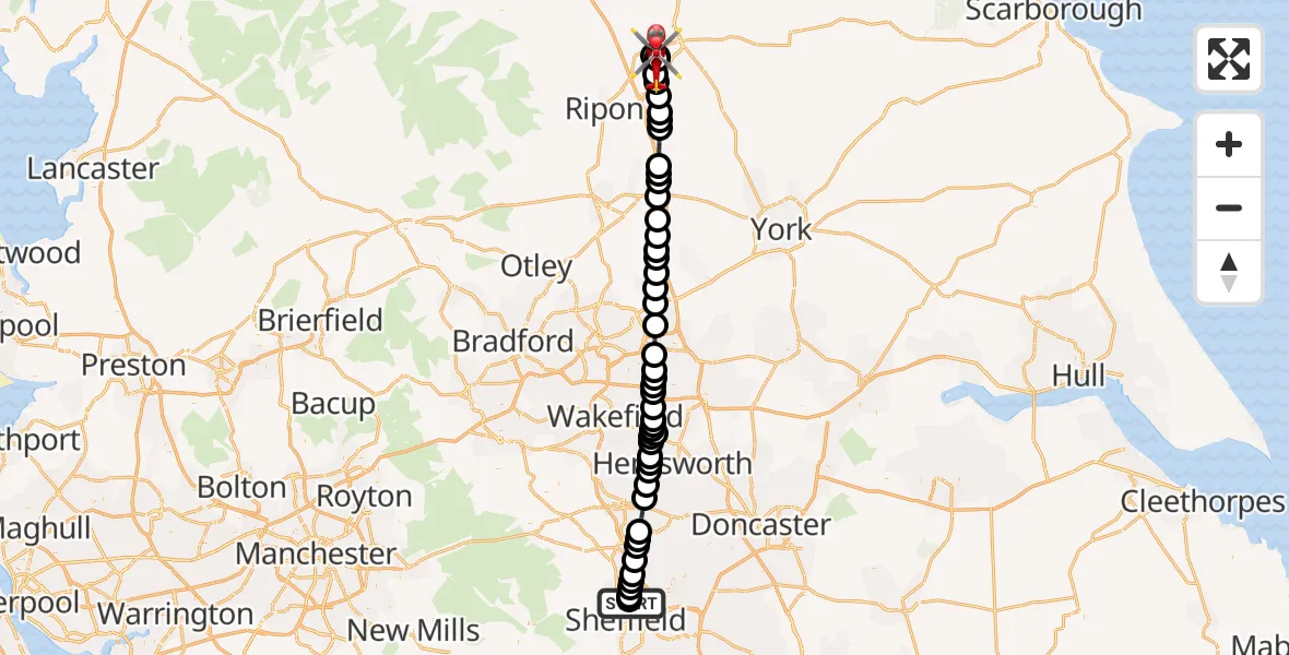 Flight route Air Ambulance Helicopter Sheffield Northern Hospital - RAF Topcliffe, 04 April 2026, 17:32
