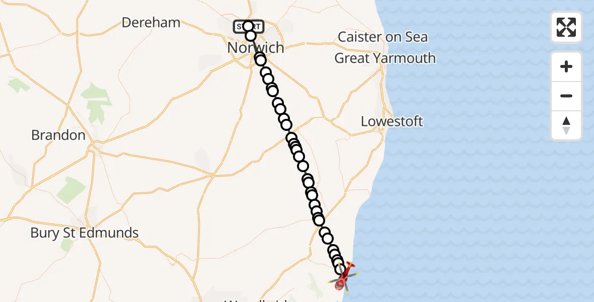 Routekaart van de vlucht: Air Ambulance Helicopter to Aldeburgh, Victoria Road