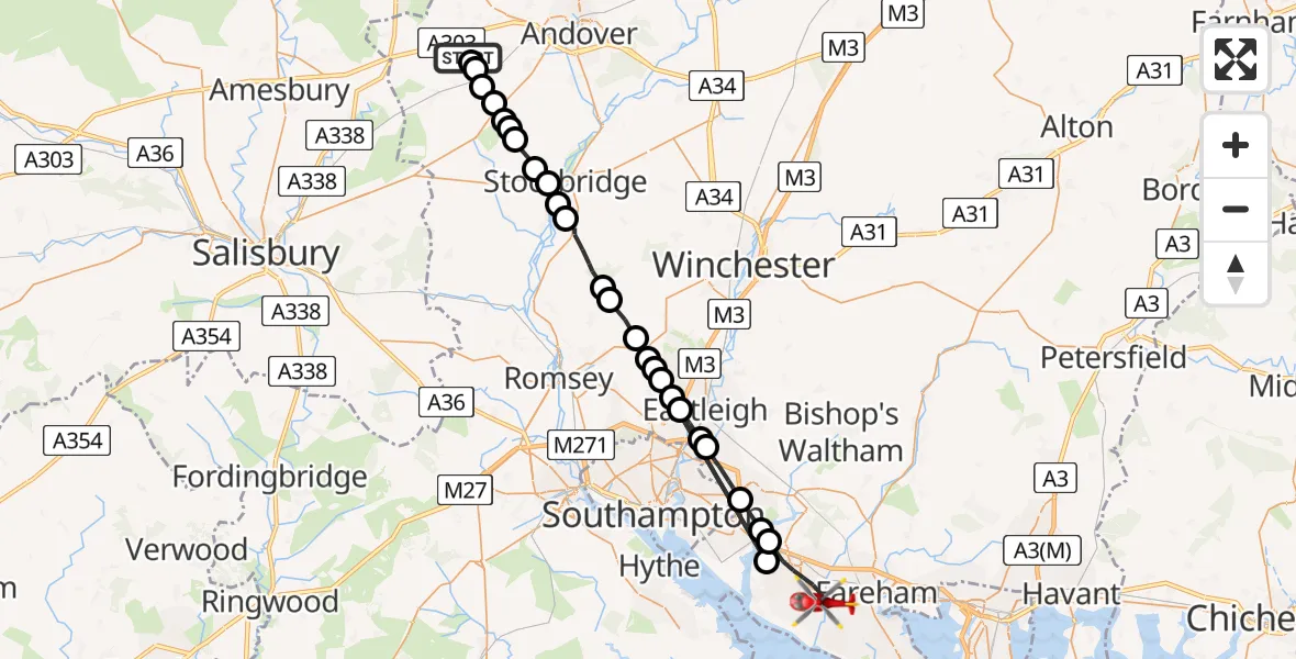 Flight path map showing Air Ambulance Helicopter route from Amport to Fareham
