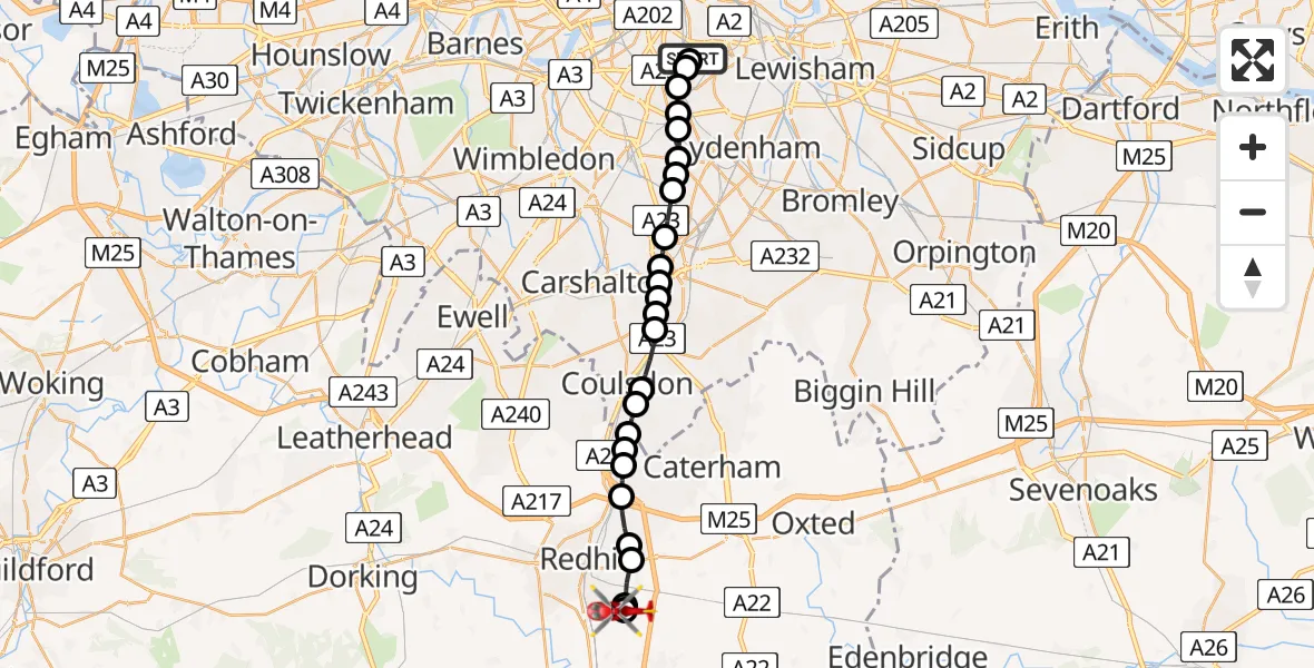 Flight route Air Ambulance Helicopter Kings College London Hospital - Redhill Aerodrome, 04 April 2026, 18:01