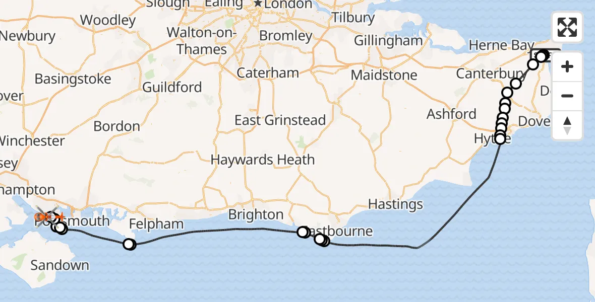 Flight route Coastguard Helicopter Manston Airport - Solent Airport, 04 April 2026, 18:31
