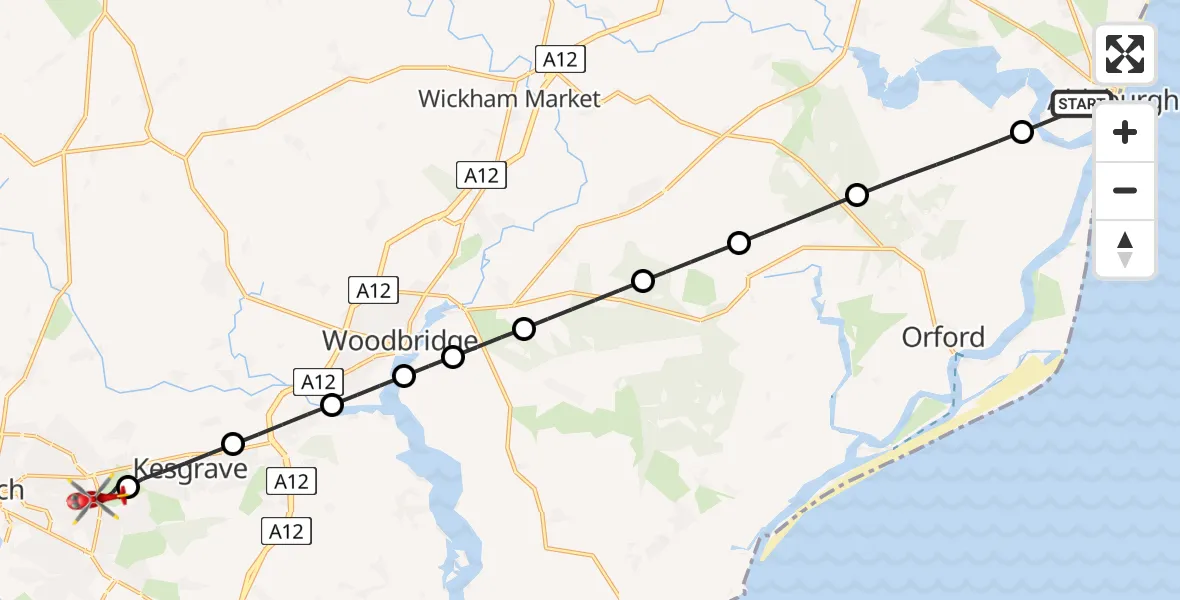Routekaart van de vlucht: Air Ambulance Helicopter to Rushmere St Andrew, Heath Road