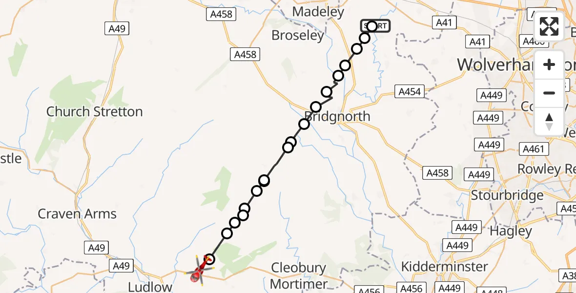 Routekaart van de vlucht: Air Ambulance Helicopter to Bitterley