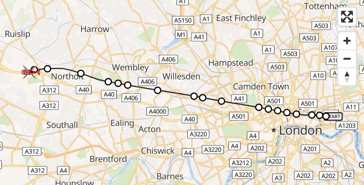 Flight route Air Ambulance Helicopter Royal London Hospital - RAF Northolt, 04 April 2026, 18:41