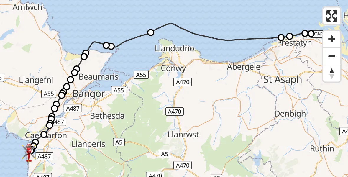 Flight route Air Ambulance Helicopter Talacre - Caernarfon Airport, 04 April 2026, 18:51