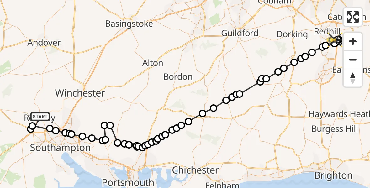 Flight path map showing Police Helicopter route from Romsey to South Nutfield