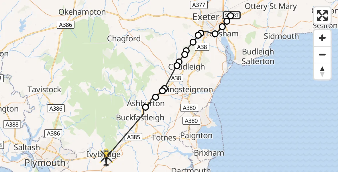 Flight route Police Helicopter Exeter International Airport - South Hams, 04 April 2026, 19:22