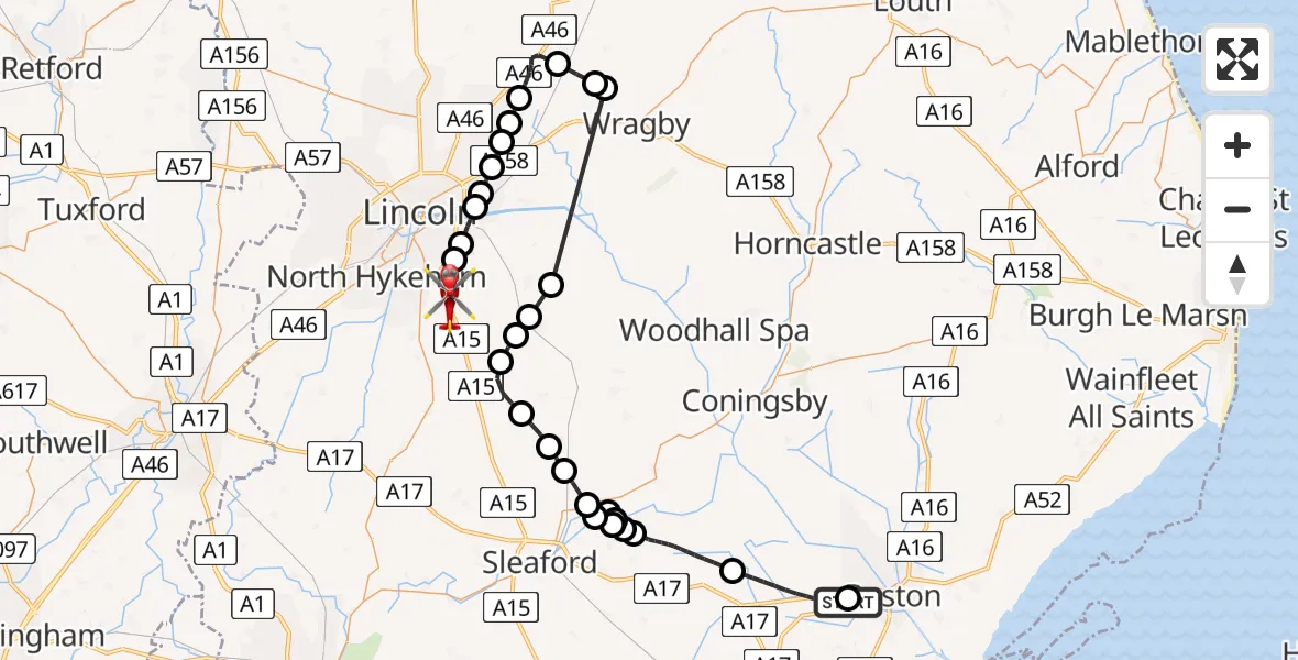 Routekaart van de vlucht: Air Ambulance Helicopter to North Kesteven, Sleaford Road