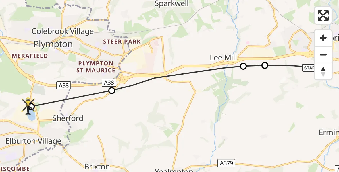 Routekaart van de vlucht: Police Helicopter to Elburton Village, Haye Road