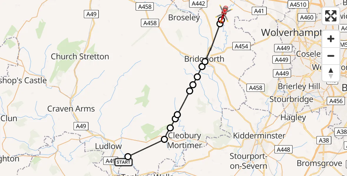 Routekaart van de vlucht: Air Ambulance Helicopter to Ryton