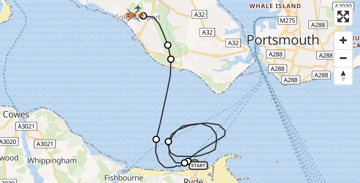 Flight path map showing Coastguard Helicopter route from English Channel to Solent Airport
