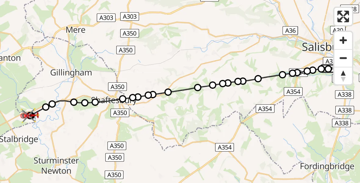 Flight path map showing Air Ambulance Helicopter route from Salisbury District Hospital to Henstridge Airfield