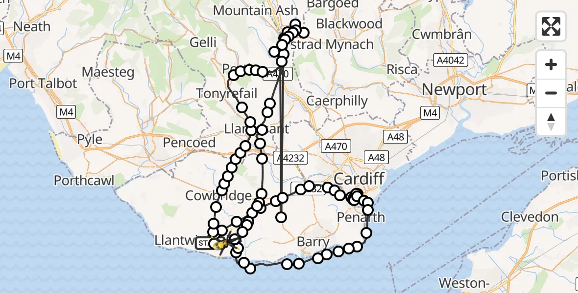 Flight path map showing Police Helicopter route from Boverton to MOD St Athan