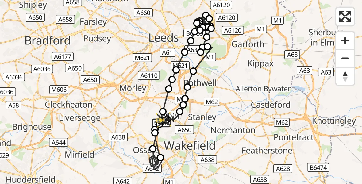 Flight path map showing Police Helicopter route from East Ardsley to East Ardsley