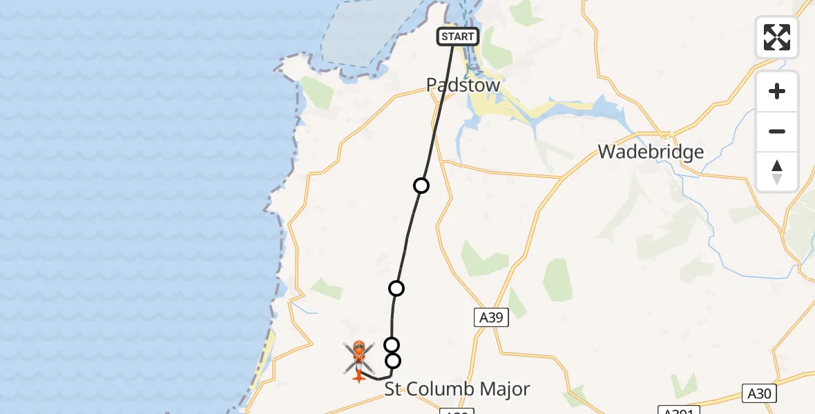 Routekaart van de vlucht: Coastguard Helicopter to Cornwall Airport Newquay