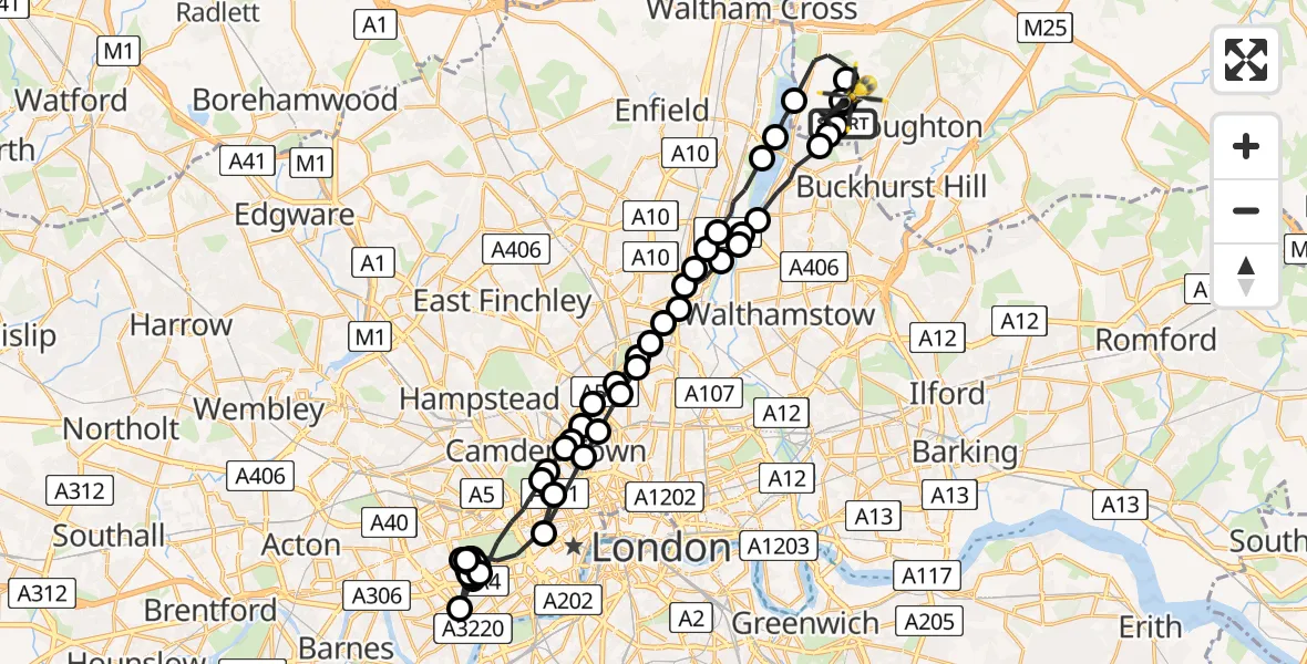Flight route Police Helicopter Metropolitan Police Air Support Unit Lippitts Hill - Sewardstonebury, 04 April 2026, 20:34