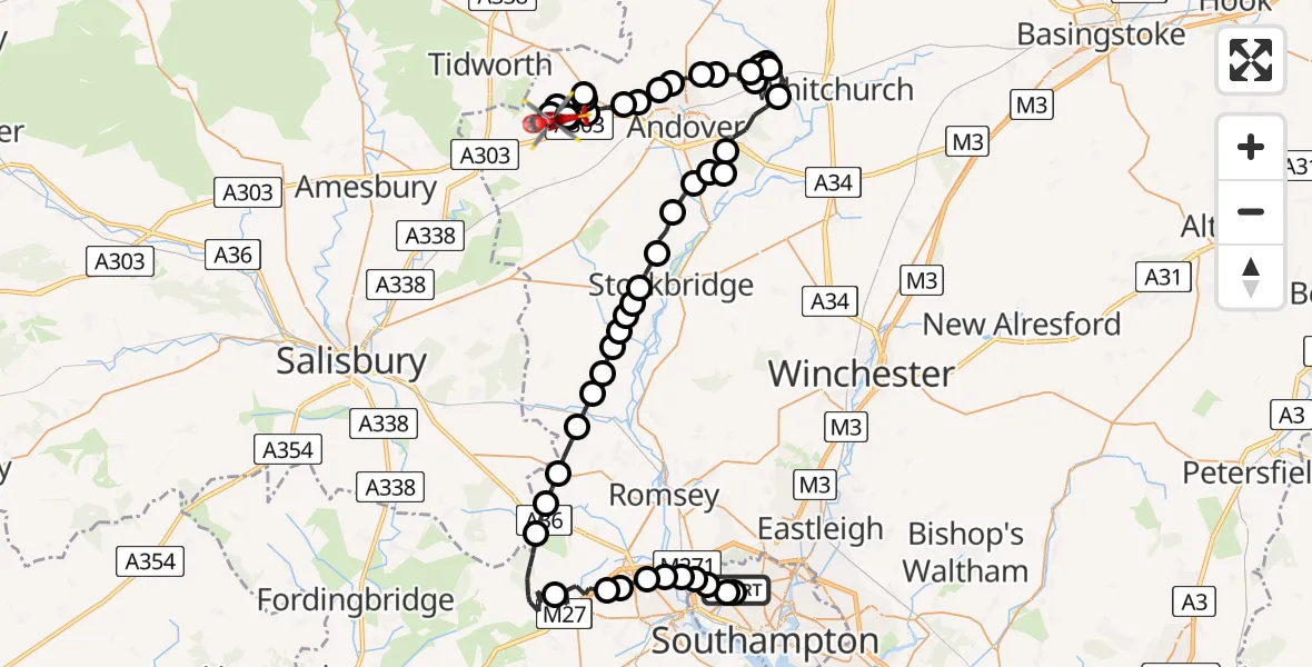 Flight route Air Ambulance Helicopter University Hospital Southampton - Thruxton Aerodrome, 04 April 2026, 21:28