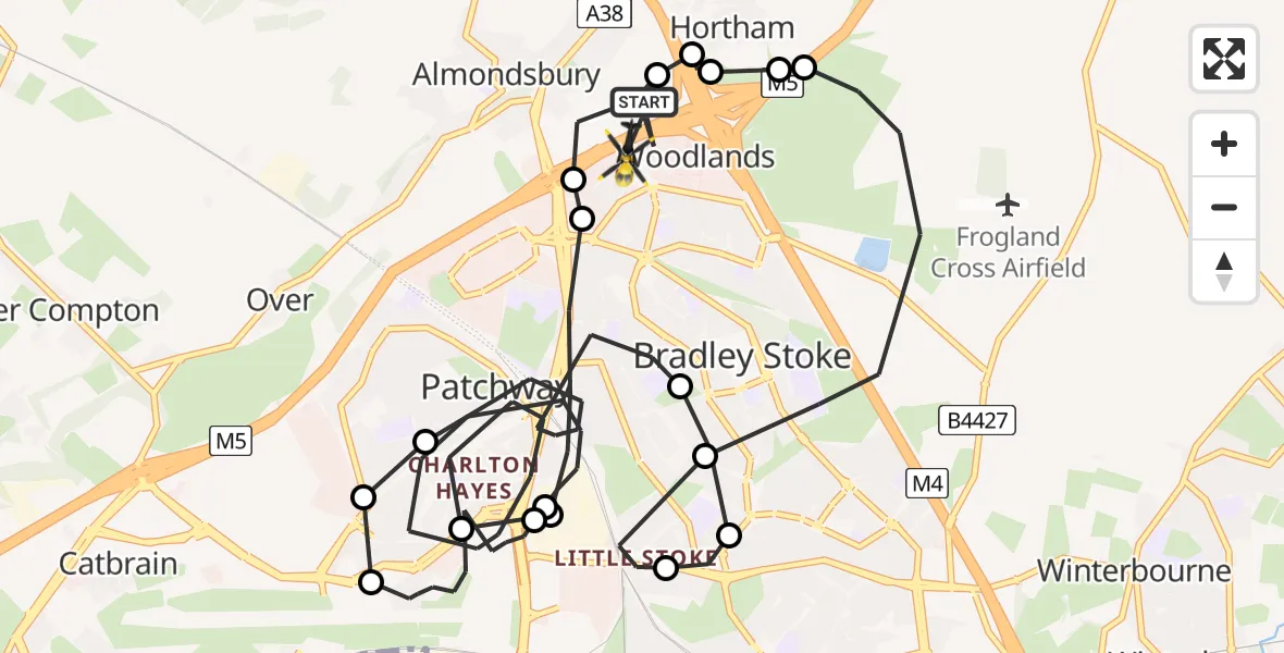 Flight route Police Helicopter Almondsbury Helicopter Base - Almondsbury Helicopter Base, 04 April 2026, 21:35
