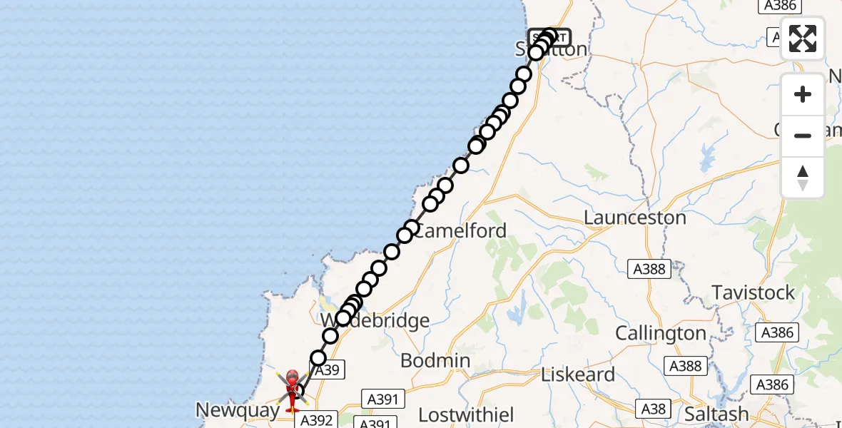 Routekaart van de vlucht: Air Ambulance Helicopter to Cornwall Airport Newquay