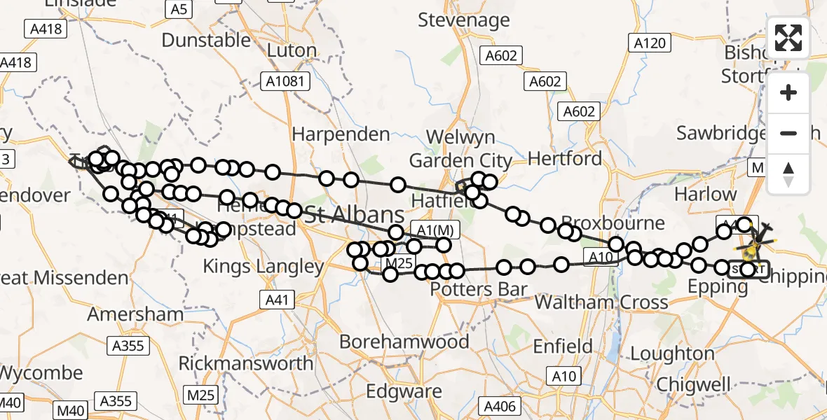 Flight route Police Helicopter North Weald Airfield - North Weald Bassett, 04 April 2026, 22:24
