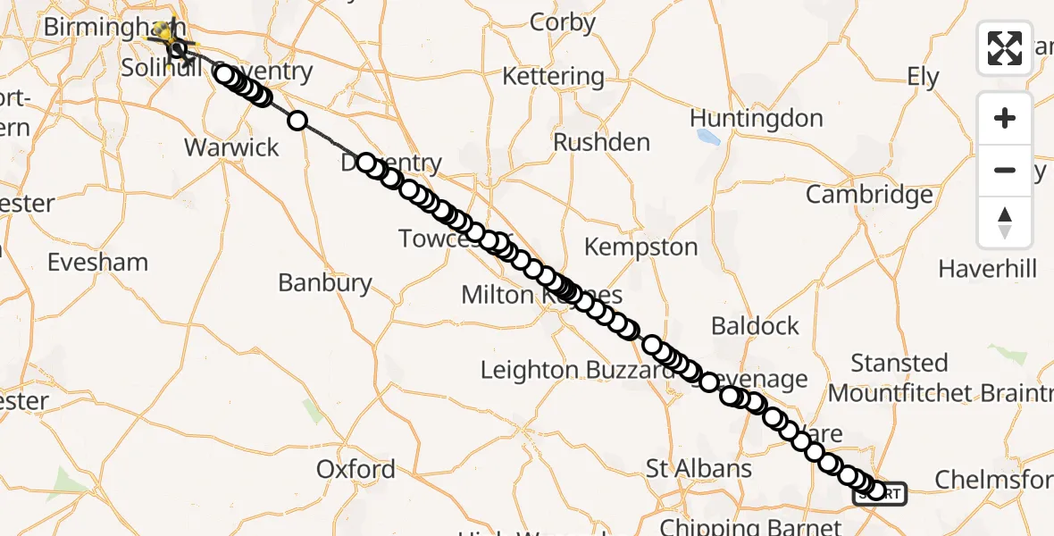 Flight route Police Helicopter North Weald Airfield - Birmingham Airport, 04 April 2026, 23:00