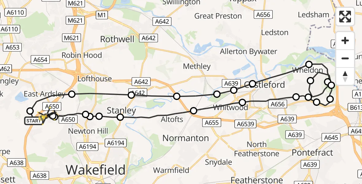 Routekaart van de vlucht: Police Helicopter to East Ardsley, Stoney Lane